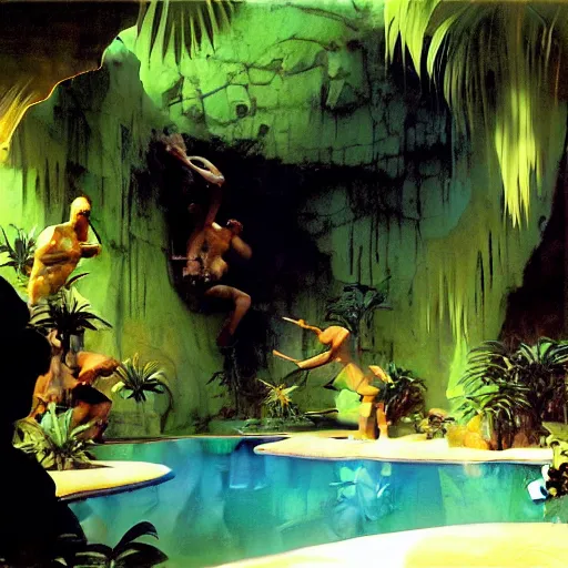 Prompt: a tropical cave that renovate as a luxury interior by syd mead, frank frazetta, ken kelly, simon bisley, richard corben, william - adolphe bouguereau w 1 0 2 4