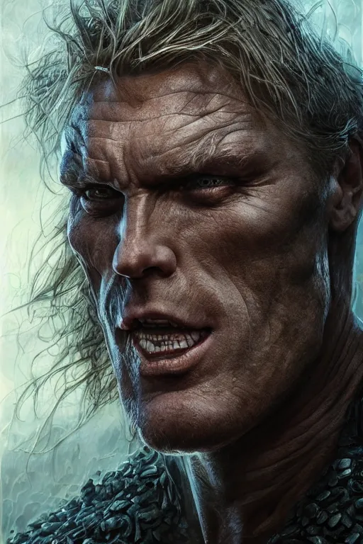 Image similar to closeup portrait shot of dolph lundgren as destruction of the endless, the sandman herculean thanos, conan the barbarian, highly detailed, digital painting, artstation, concept art, soft focus, depth of field, artgerm, tomasz alen kopera, peter mohrbacher, donato giancola, wlop, boris vallejo