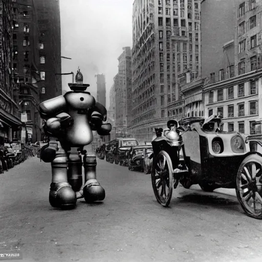 Prompt: old black and white photo, 1 9 1 3, depicting a retrofuturistic robot rampaging through the bustling streets of new york city, historical record