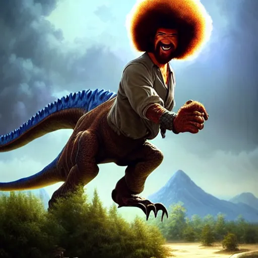 Image similar to bob ross!!! riding!!! a dinosaur!!, giant afro!, model pose, ultra realistic, concept art, intricate details, highly detailed, photorealistic, octane render, 8 k, unreal engine. art by artgerm and greg rutkowski and alphonse mucha