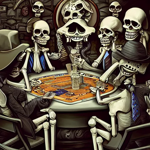 Image similar to a group mafia of skeletons playing cards, gambling, drinking alcohol and smoking around a round table, decade 20s, old film, digital fantasy art, trending in deviantart, hyperdetailed, high quality, cinematic