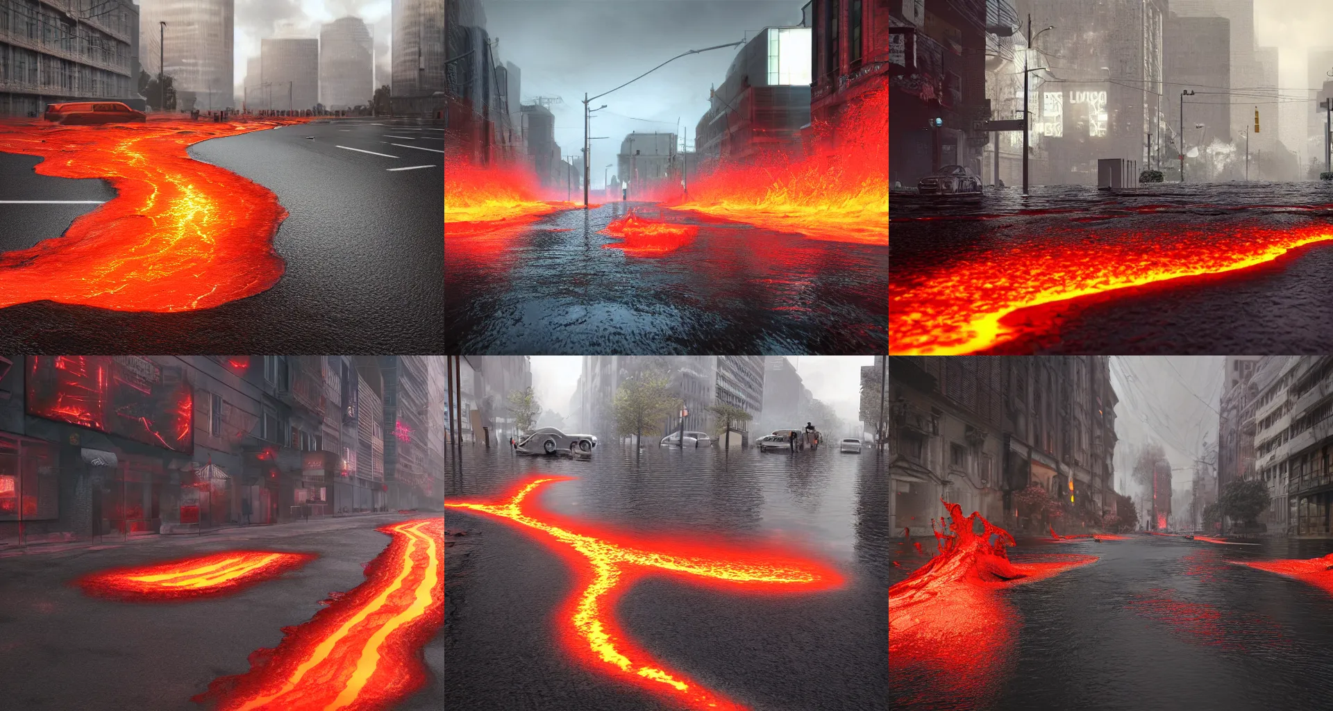 Prompt: streets flooded with lava, octane render, digital art, artstation