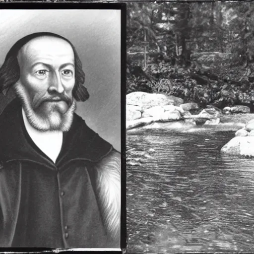 Prompt: John Calvin visits a fish hatchery. Photographic quality, realistic.