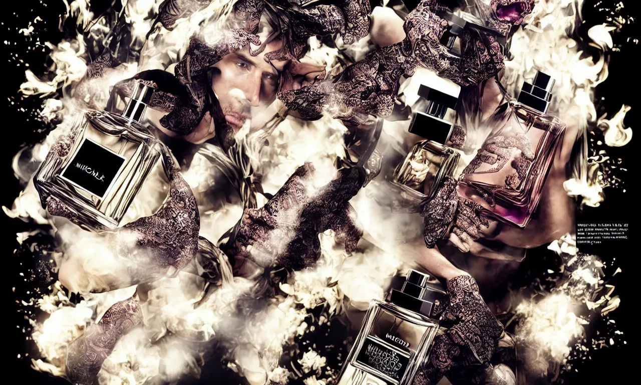 Prompt: fragrance advertising campaign by michael bay, detailed, intricate, high contrast