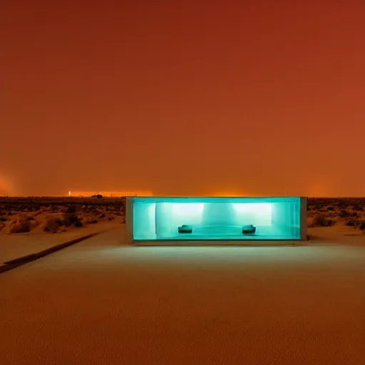 Image similar to optical illusion architecture in the desert at night, open space architecture, minimalistic architecture, neon light, james turrel,