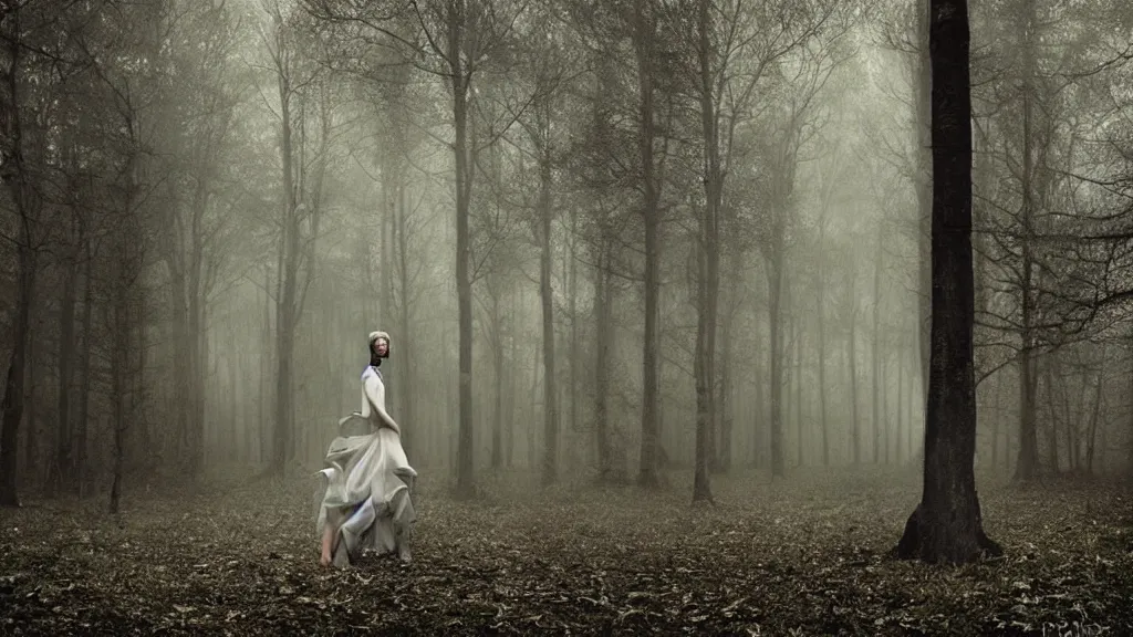 Image similar to eerie atmospheric symmetrical vogue fashion photography in a forest by paolo roversi