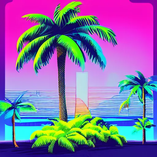 Prompt: Retrofuturistic landscape, retrowave, synthwave, palm tree, colorful, digital painting, album cover