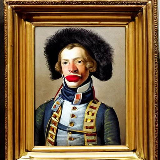 Prompt: a hyper realistic painting of an austrian soldier from 1 8 0 6 wearing a clown hat, ultra detail, realistic.