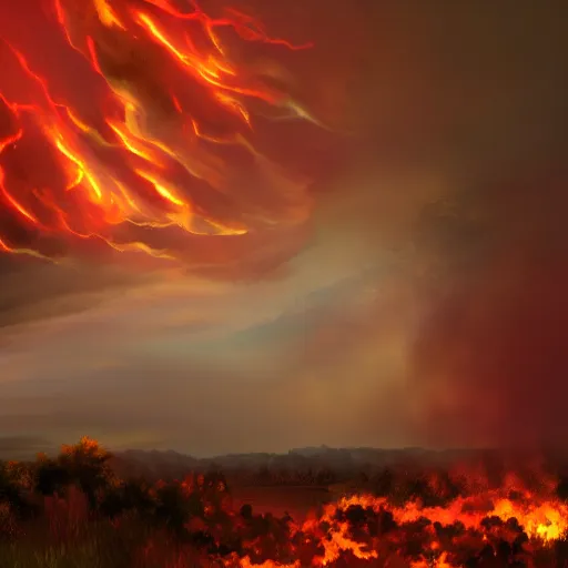 Prompt: burning clouds, thunder and fire rain, 4k, post-processing, very very detailed, artstation, cute