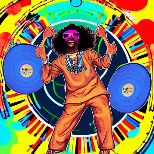 Image similar to svg sticker of a Dancing-Ben-Harper-Snoop-Spike-Lee-with-a-large-Afro-Puff, at a rave, spinning records, giant headphones rocking out, wearing headphones, huge speakers, dancing, rave, DJ, spinning records, digital art, amazing composition, rule-of-thirds, award-winning, trending on artstation, featured on deviantart