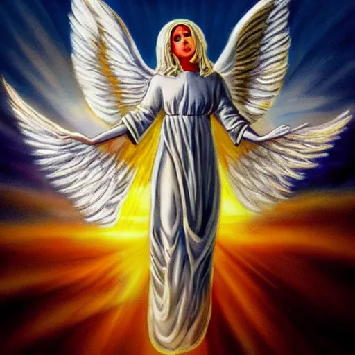 Image similar to church painting of lady gaga angel in heaven, super realistic, celestial, miraculous, sun rays, award winning