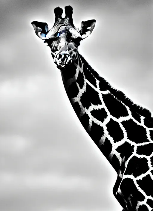 Prompt: giraffe black and white portrait white sky in background