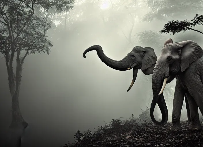 Image similar to an elephant octopus chimera, in a jungle with ominous light from above, great photography, ambient light, fog, river