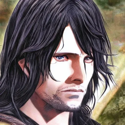 Image similar to aragorn in an anime world, incredibly detailed, ultra realistic