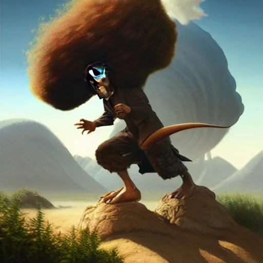 Image similar to bob ross!!! riding!!! a dinosaur!!, giant afro!, model pose, ultra realistic, concept art, intricate details, highly detailed, photorealistic, octane render, 8 k, unreal engine. art by artgerm and greg rutkowski and alphonse mucha