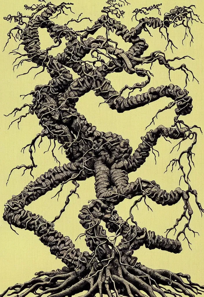 Prompt: prompt: anatomy dissection drawing skeleton Bonsai tree drawn by Takato Yamamoto, bonsai skeleton anatomy atlas, veins and organs attached to tree roots, alchemical objects inspired by 1980's sci-ci, old experimentation cabinet, intricate oil painting detail, manga 1980