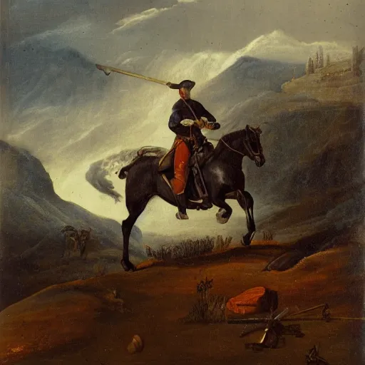 Image similar to portrait of a man mounted on horseback while raising a sword with his right hand pointed north, behind him 1 0 0 0 people can be seen fighting with swords and muskets typical of the war of independence, low light, cloudy, mountains in the foggy background