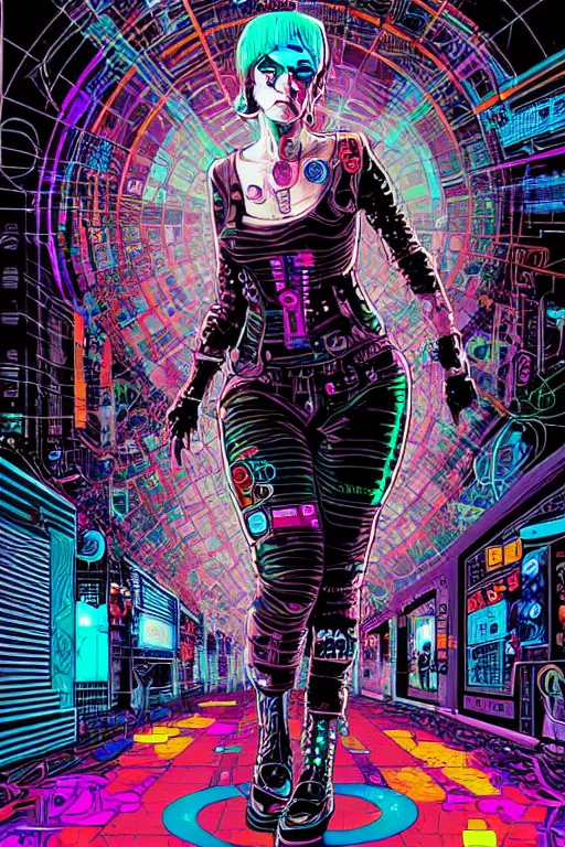 Image similar to dreamy cyberpunk girl with punky boots, abstract background, digital nodes, beautiful woman, detailed acrylic, grunge, intricate complexity, by dan mumford and by damien hirst