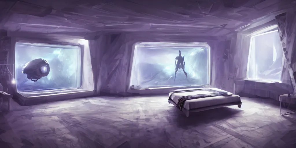 Image similar to futuristic bedroom with 3 windows, bed, futuristic tv. artstation, concept art, sharp force, digital painting, matte painting, fractal flame, cinematic, highly detailed