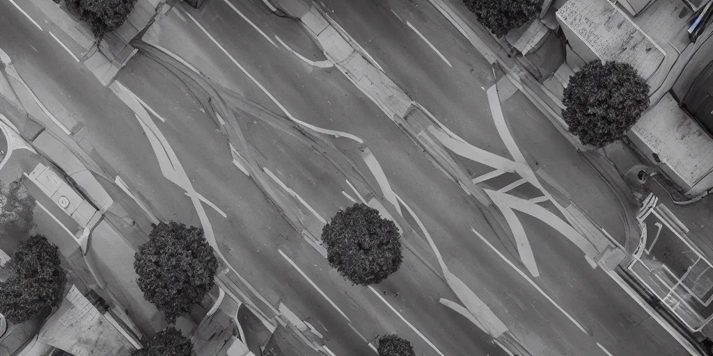 Prompt: Photograph of an empty city street. Award winning photograph. Canon EOS R3. Drone shot.