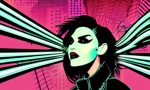 Prompt: portrait of a very very very beautiful, aesthetic cyberpunk woman smiling with glowing eyes, punk makeup, extremely stylish punk hair, late evening in a city, vector line art by tom whalen