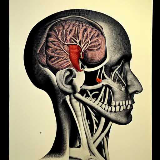 Image similar to head anatomical atlas dissection center cut, lithography on paper conceptual figurative ( post - morden ) monumental dynamic soft shadow portrait drawn by hogarth and escher, inspired by goya, illusion surreal art, highly conceptual figurative art, intricate detailed illustration, controversial poster art, polish poster art, geometrical drawings, no blur