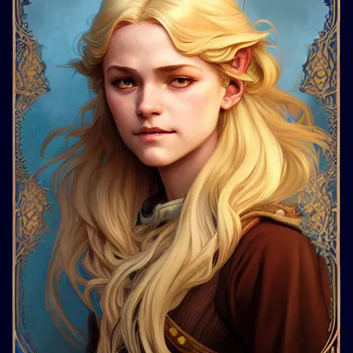 Image similar to an epic fantasy comic book style portrait painting of a young blonde girl thief, d & d, fantasy, joyful smirk, intricate, elegant, highly detailed, digital painting, artstation, concept art, matte, sharp focus, illustration, art by artgerm and greg rutkowski and alphonse mucha