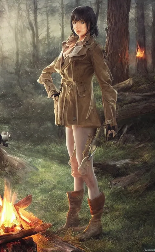 Image similar to a girl from final fantasy live action, with short black hair and green eyes in a tan trenchcoat sitting on a log and drinking tea by the campfire by her dieselpunk motorcycle at night under the stars, evocative, mystical night, very very very very detailed, award winning, masterpiece digital painting by greg rutkowski, alex grey, artstation, 4 k wallpaper