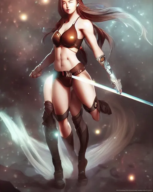 Image similar to The successful warrior is the average man with laser-like focus, artwork by artgerm, anime, elegant, seductive, full shot, wide-shot, long-shot