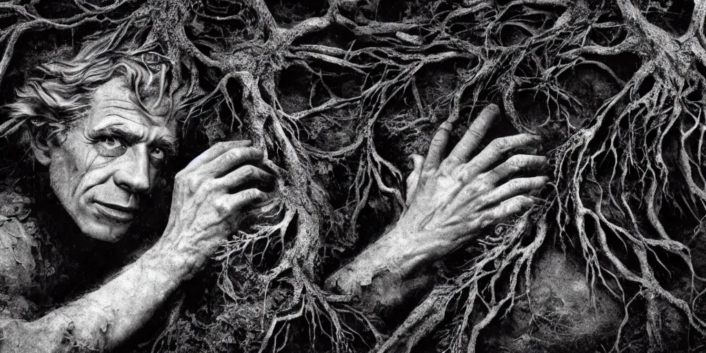 Prompt: ego perspective photography of own hands, rotting, getting overgrown by roots, forest, dolomites, alpine, detailed intricate insanely detailed octane render, 8k artistic 1920s photography, photorealistic, black and white, chiaroscuro, hd, by David Cronenberg, Raphael, Caravaggio