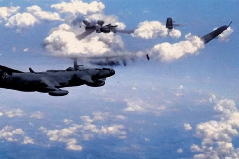 Image similar to gigachad getting nuked by a plane, ac 1 3 0 footage, government released footage