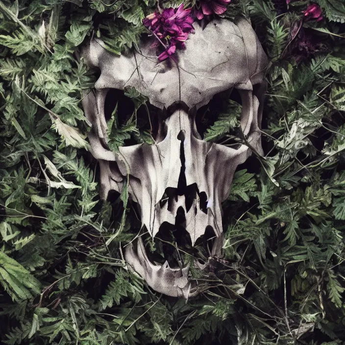 Prompt: overgrown foliage on a realistic wolf skull, close - up, beautiful, lens flare, emotional, sweet, flowers, detailed, picture, artstation, award - winning
