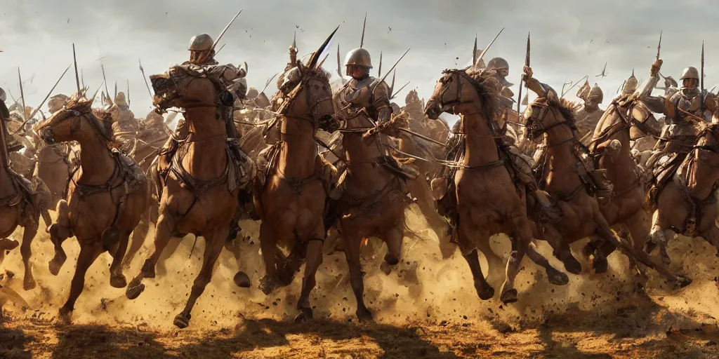 Prompt: mid action shot cinematic artwork of a battle scene as cavalry charge on horseback into a spartan army in phalanx formation, battlefield scene by greg rutowski, masterpiece, 4 k