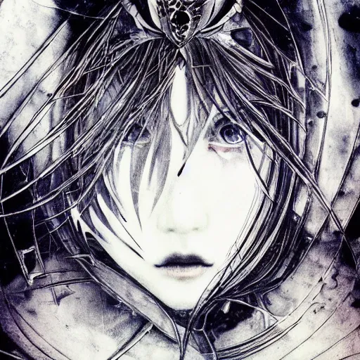 Image similar to yoshitaka amano blurred and dreamy illustration of an anime girl with pirate eye patch, wavy white hair and cracks on her face wearing elden ring armour with the cape fluttering in the wind, abstract black and white patterns on the background, noisy film grain effect, highly detailed, renaissance oil painting, weird portrait angle