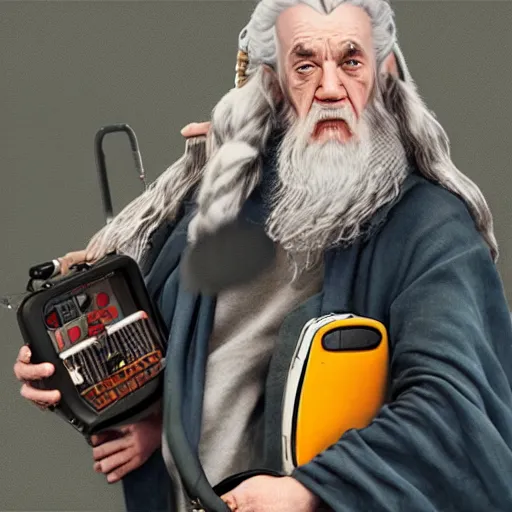 Image similar to gandalf with boom box on coach, trending on artstation, hyperrealistic