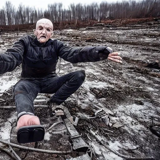 Prompt: last selfie of last alive ukrainian very damaged body to bones running from nuclear explosion, dead bodies on the ground, black snow, 2 0 2 2