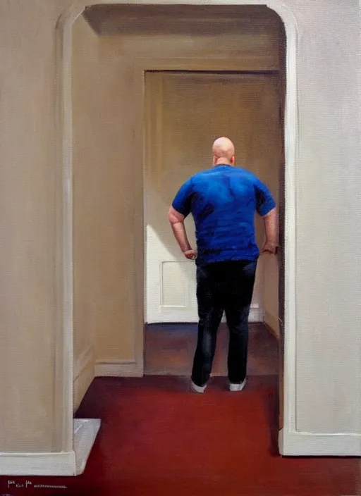 Prompt: painting by phil hale of a chubby white man with a blonde buzzcut and thick stubble wearing a white-tshirt and khakis, slurping through the straw of a big white foam cup, standing at the end of a long dark! hallway with white plaster walls and wood panelled floor in an old house, 'strange architecture'!! streak of red light, disturbing, ominious, lynchian, hd !dream painting by phil hale of a screaming, brutish, ogre-ish jon taffer!!! in a bar, broken glasses and drinks in the background, hulkish, towering, distressing, hd, high quality, visible texture and brush strokes