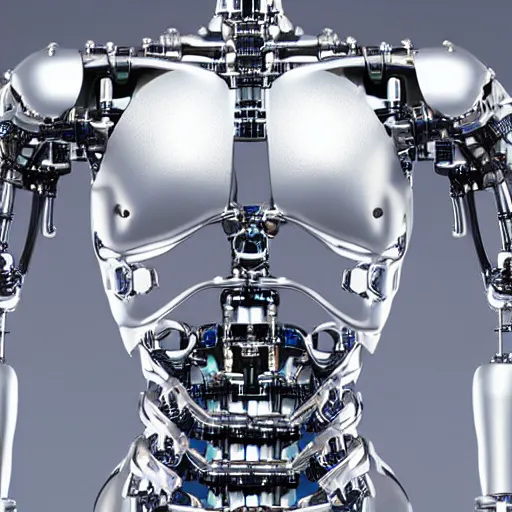 Prompt: upper back closeup of a complex chromium cybernetic endoskeleton in a white room : : highly detailed : : transparent armor : : three fourth rear shot