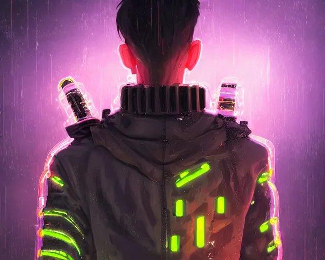 Prompt: detailed portrait neon guard man with short brown hair seen from the back, cyberpunk futuristic, reflective puffer jacket, black leggings, decorated with traditional ornaments in front of a dystopian crowd with piles of garbage perfect face, fine details, realistic shaded, fine - face, pretty face by rossdraws