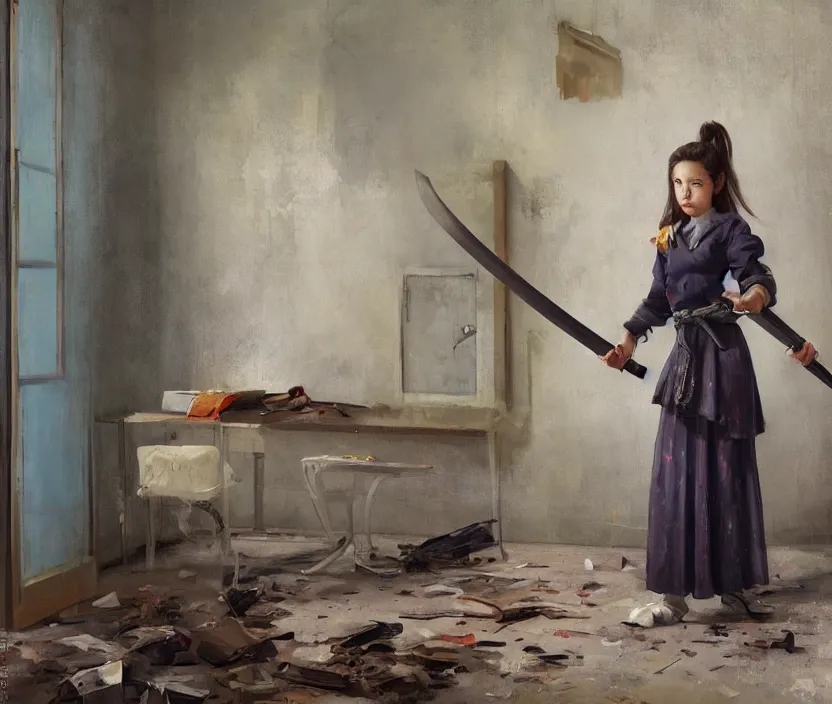 Image similar to School girl holding a katana and standing on an abandoned hospital room , by Konstantin Razumov, horror scene, highly detailded