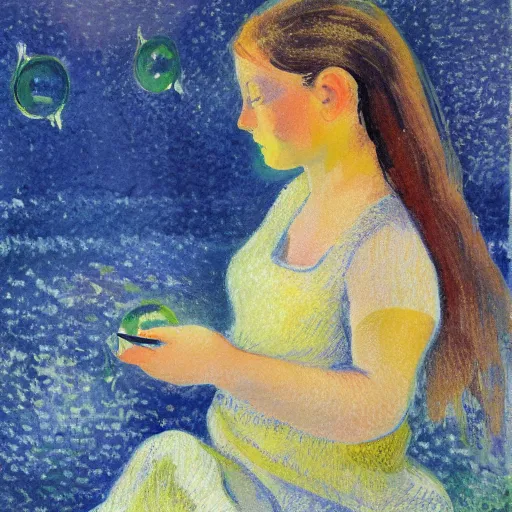 Image similar to young woman dreaming of bubbles and fish, concept art, gouache, camille pissarro