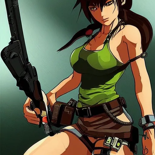 Image similar to “A high quality, full body, anime illustration of Lara Croft, from Tomb Raider Legend, created by Keiichi Arawi”