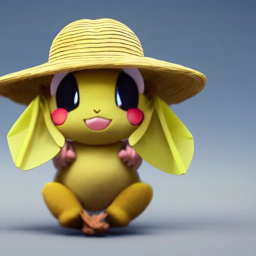 Image similar to nymph render of a very cute Pichu wearing straw hat pokemon, adorable eyes, cute smile, full round face, bright sunny time, serene forest setting, medium shot, mid-shot, highly detailed, trending on Artstation, Unreal Engine 4k