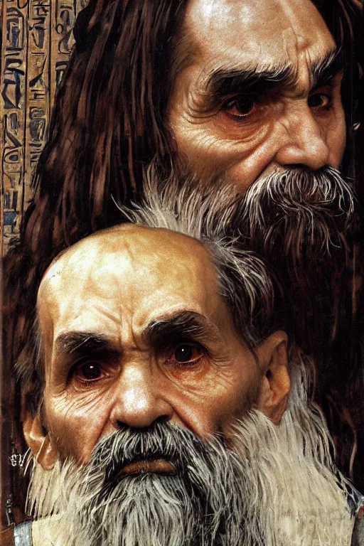 Image similar to a closer personal portrait of a very old egyptian charles manson with very piercing eyes, very charismatic. in the old ancient temple of luxor. masterpiece, dark. painted by norman rockwell and james gurney