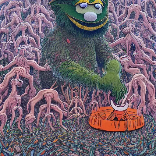 Image similar to safety cones scattered around an oak tree forest, man in muppet sasquatch sri lankan mask costume dancing in the distance, by james jean, miyazaki, hyper detailed surrealist painting