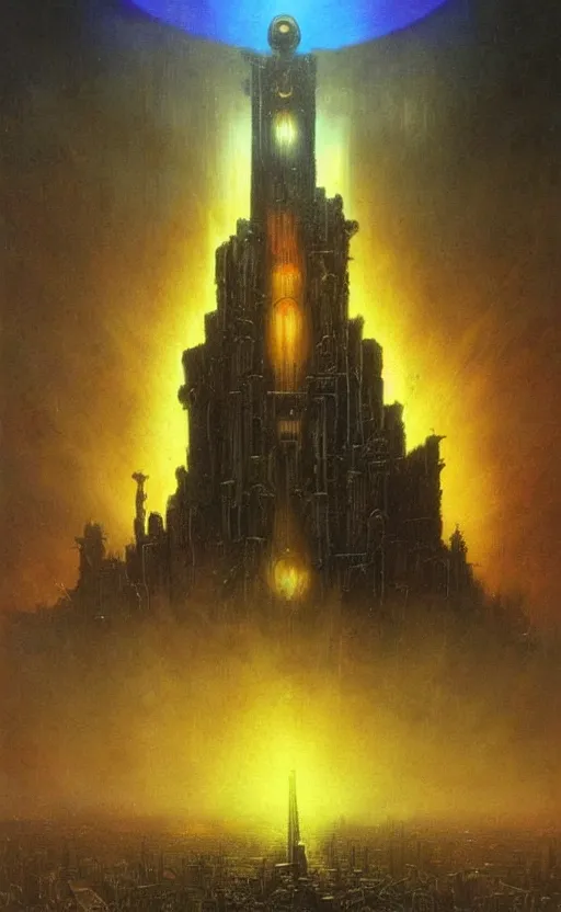 Prompt: warhammer 4 0 k rainbow golden dark eldritch monument with strange cyberpunk glowing symbol rising from a futuristic city into the sky by beksinski, high detail hyperrealistic