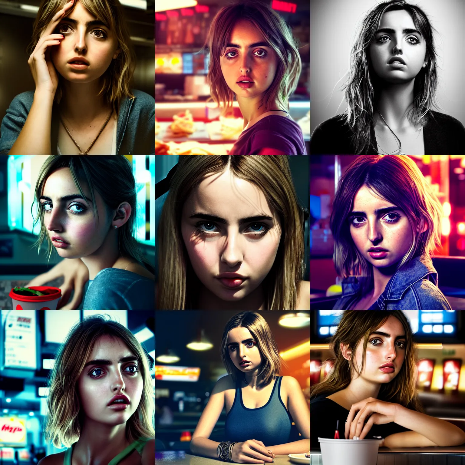 Prompt: ultra realistic, hyper detailed, ana de armas portrait working in a fast food restaurant, cinematic, cyberpunk, deep focus, cyberpunk lights, photoreal, 5 0 mm