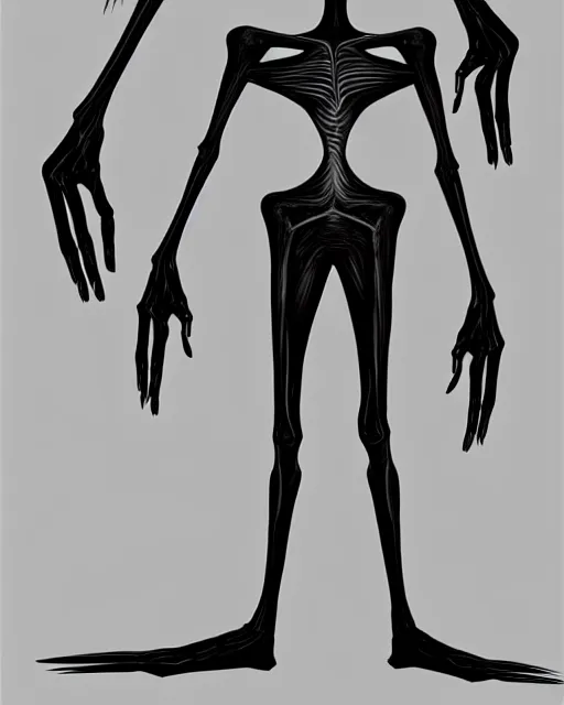 Image similar to concept art of a tall skinny humanoid creature with matte black skin, mangled, a distorted horrifying face, uncanny, horror | | epic - fine - clean, polished, trending on artstation, brush strokes