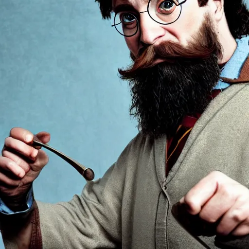 Image similar to harry potter with long beards and beautiful mustache, combing his beard