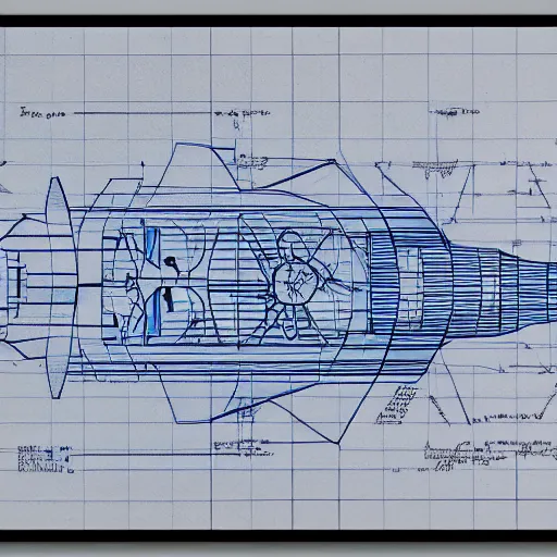 Image similar to blueprint of spaceship, technical drawing on blue paper, centered, studio lighting, 8 k